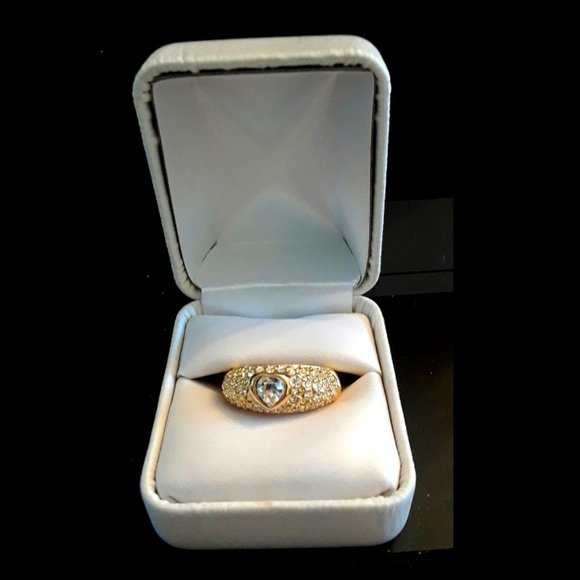 14K Italian Yellow Gold Plated CZ and Rhinestone Heart Shape Ring - Picture 2 of 5